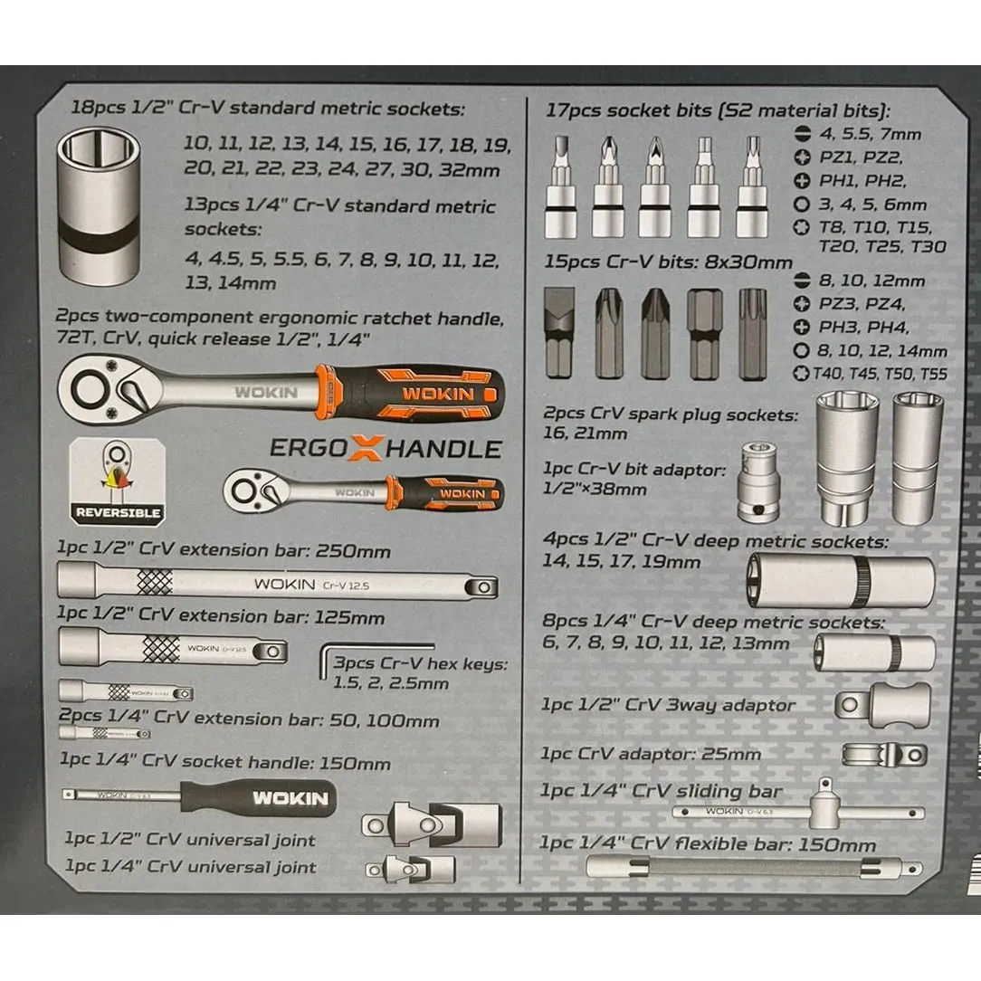 Jogo De Ferramentas 94 Peças Soquete Set Maleta Industrial Wokin