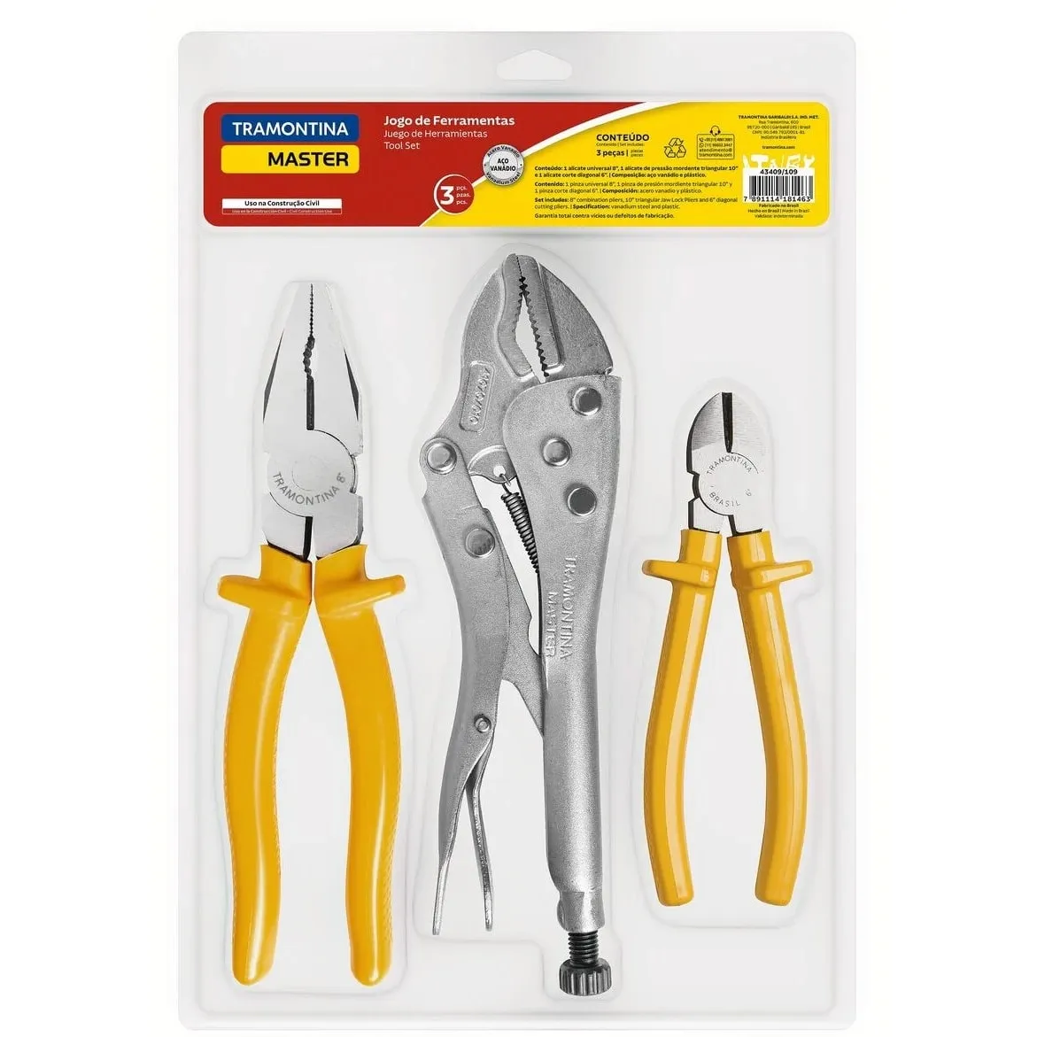 Kit Jogo De Alicate de Pressão 10" Alicate Universal 8" e Alicate Corte Diagonal 6"