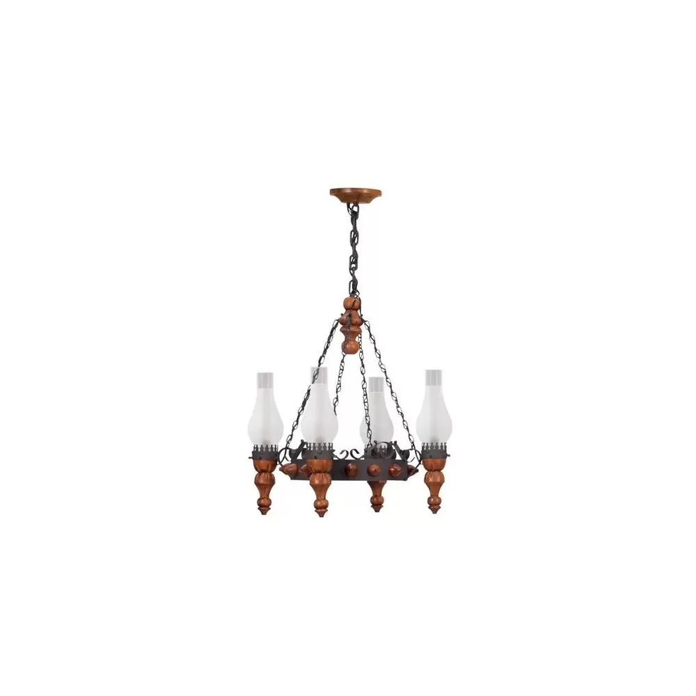 Lustre Medieval 4 Lâmpadas Madeira Rustica Vintage Ferro Fundido Madelustre