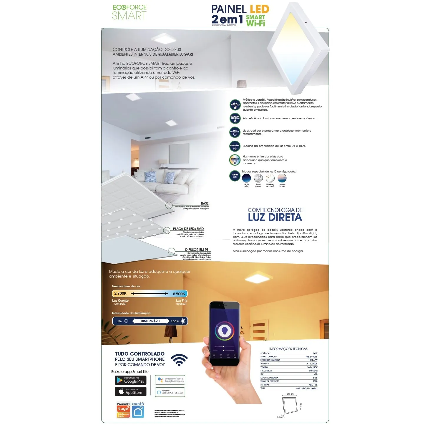 Plafon Led Smart Wi-fi 2x1 Quadrado Ecoforce